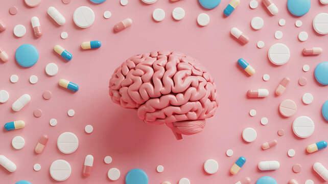 A pink brain surrounded by various pills and capsules on a pink background