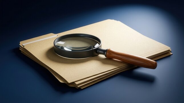 A magnifying glass inspecting stacked manila folders on a desk under a spotlight.