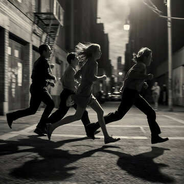 Grupo de j&oacute;venes corriendo por una calle de la ciudad de noche en estilo cinematogr&aacute;fico blanco y negro