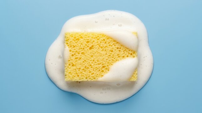 Yellow foamy sponge sitting in white soap suds on a light blue backdrop.