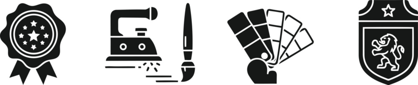 Black icons set with badge, power tools, credit card and shield