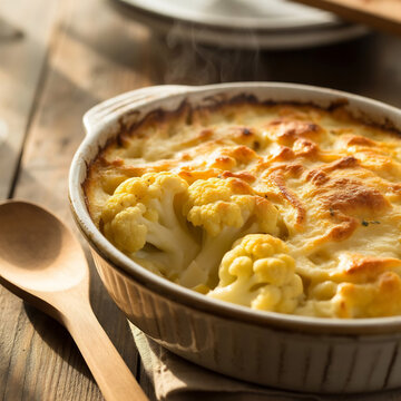 Coliflor al horno gratinada con queso en fuente cer&aacute;mica sobre mesa de madera r&uacute;stica