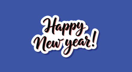 Obraz premium Stylish happy new year text with a white border and black shadow effect set against a solid dark blue background.