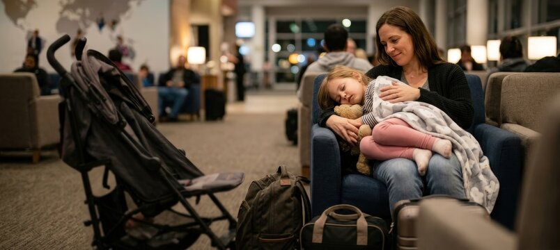 Family friendly airport rest zone with sleeping child on parent's lap