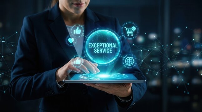 A professional managing exceptional service using a tablet with digital holographic icons.