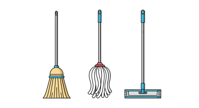 Selection of three household cleaning tools including a traditional corn broom, a white string mop, and a blue floor squeegee on white.