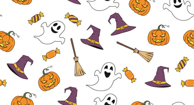 Colorful seamless Halloween pattern with cheerful pumpkins, spooky ghosts, purple witch hats, traditional brooms, and wrapped candies.