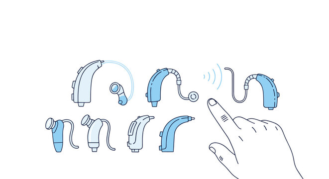 Informative illustration of various hearing aid models including behind the ear and in the ear with a hand pointing to a digital option.