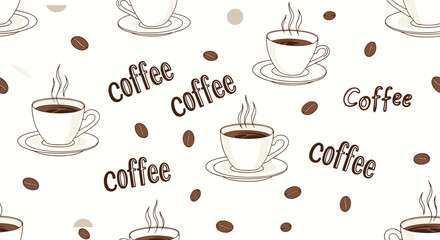 Obraz premium Seamless pattern with coffee cups on saucers scattered coffee beans and handwritten text for cafe theme decoration.