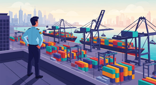 Modern professional businessman overseeing vibrant port container yard with cranes and cargo ships, concept for logistics management, supply chain optimization and industrial planning