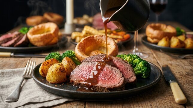 Traditional British roast beef dinner with Yorkshire pudding, roast potatoes, broccoli, and gravy.