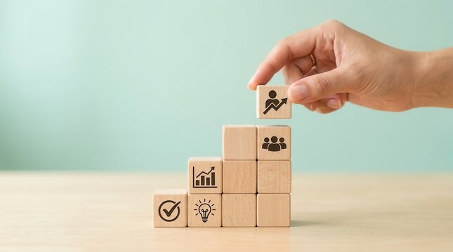 Wooden cubes representing personal development and competency improvement concepts.