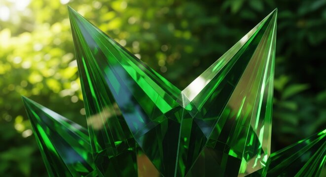 Polished Emerald Glass Facets Catching Light in Sharp Angles, Creating a Brilliant Display of Refraction and Reflection.