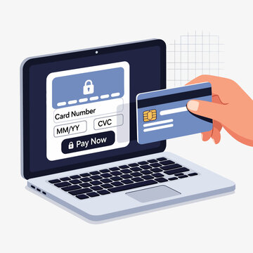 A hand holding a credit card next to a laptop displaying a secure online payment form for e-commerce transactions.
