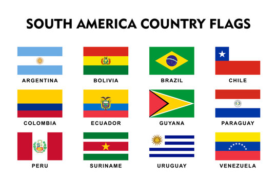 South America Country Flags Collection Vector Set Isolated on white Background, Official National Symbols of america Nations, concacaf