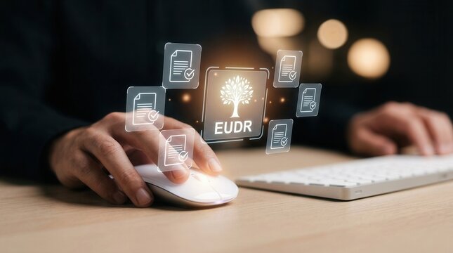 EUDR compliance concept showing a computer mouse with document and checkmark icons for traceability.