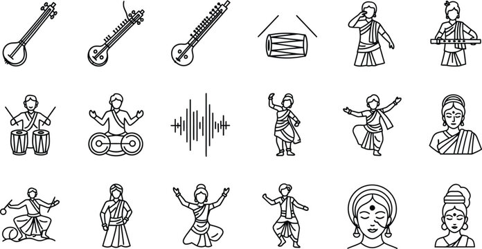 Indian cultural icons set, traditional folk dance and musical instruments vector, 18 black line art elements of dancers and musicians