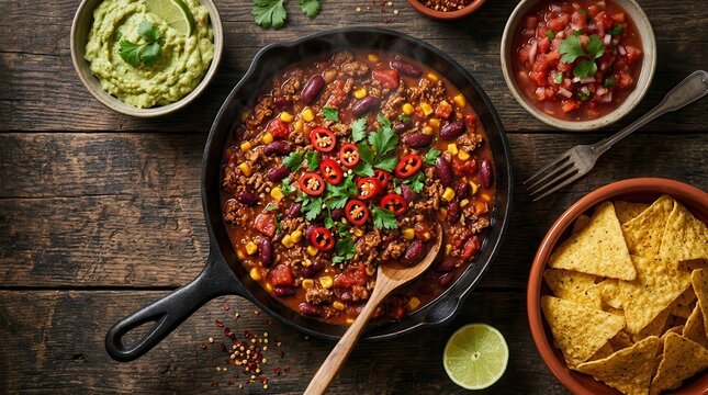 Mexican hot chili con carne in a cast iron pan with tortilla chips and salsa.
