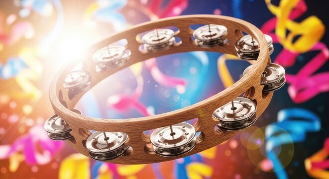 Natural wood tambourine with metal jingles, capturing festive party atmosphere with vibrant bokeh