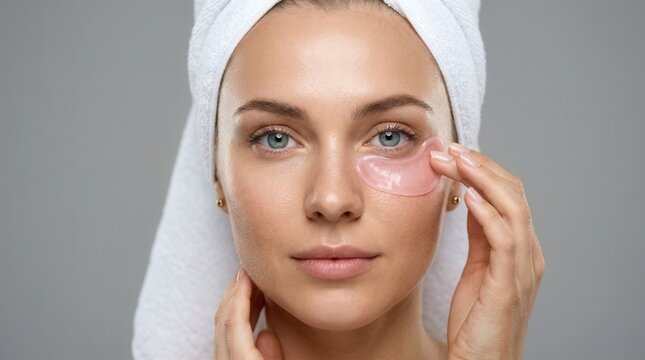A close-up portrait of an unedited woman receiving an under eye patch treatment.