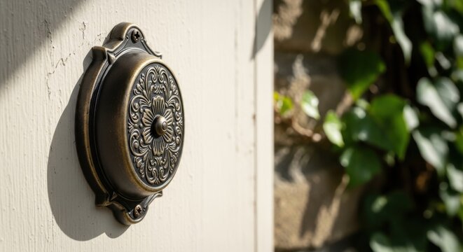 Ornate antique bronze doorbell with floral detailing on a light-colored door, suggesting vintage charm and classic home entry.