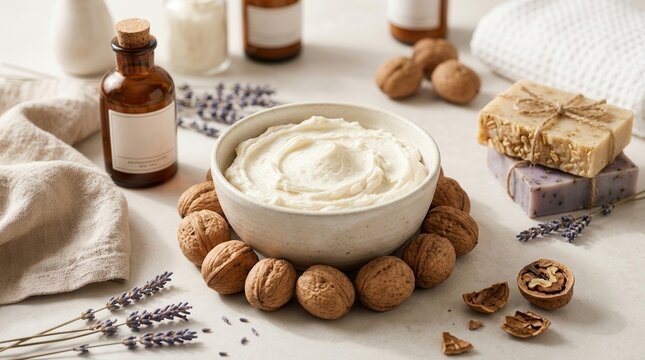 Natural shea butter in a bowl surrounded by walnuts and bath items.