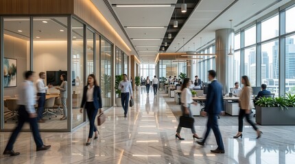 Fototapeta premium People moving through a modern insurance office showing client activity and service workflow.