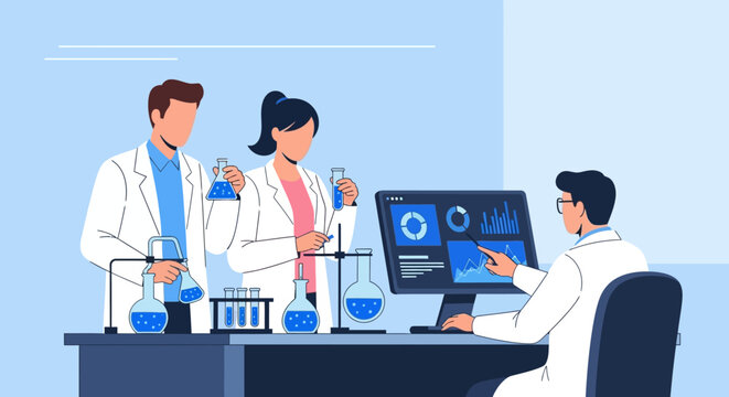 Scientists in lab coats conducting experiments with beakers and computer analysis