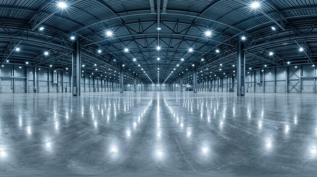 Empty warehouse room with spotlights in a 360 degree HDRI panorama.