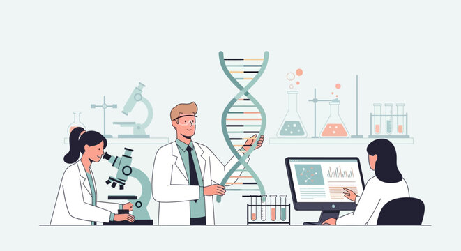 Scientists in lab studying DNA helix, microscopy, and data analysis