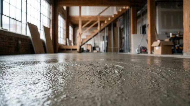 Newly set concrete floor slab at a residential loft construction site.
