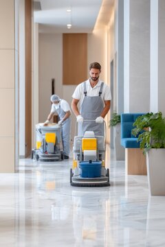 Male and female cleaners professionally maintaining a modern building's interior.