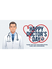 Fototapeta premium Doctors day healthcare greeting design with male doctor portrait and heartbeat heart line symbol expressing care dedication and medical service for banner poster background concept