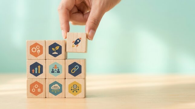 Concept of personal development and upskilling with wooden blocks and icons.
