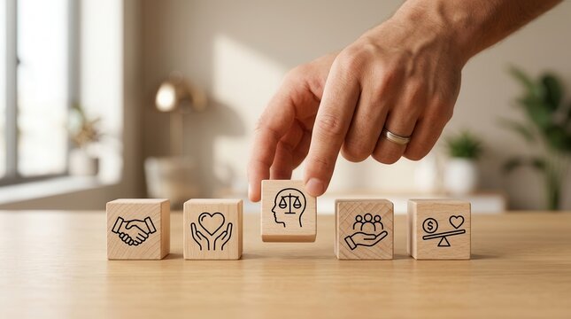 Business ethics concept represented by wooden cubes with icons of integrity and morality.