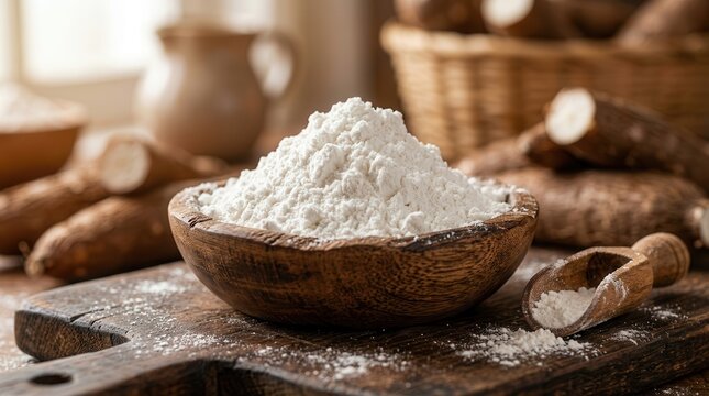 Close up of white tapioca starch in a wooden bowl on a wooden board
