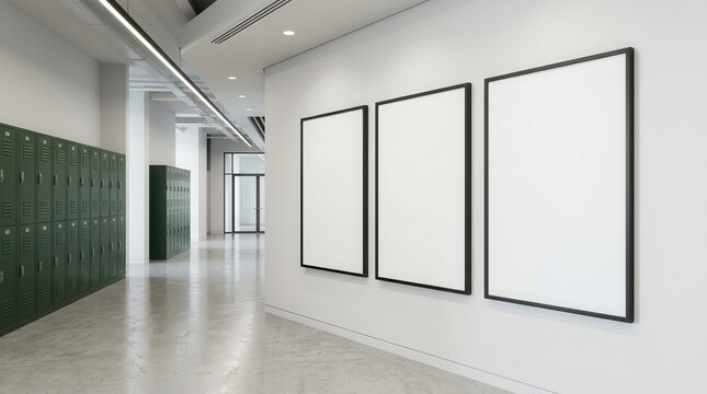 Three vertical blank poster frames on a white wall in a modern hallway with lockers.
