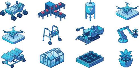 Set of isometric blue line icons featuring smart agriculture technology drone monitoring robotic harvesting solar energy and greenhouse systems for modern farming concepts © MstRuna