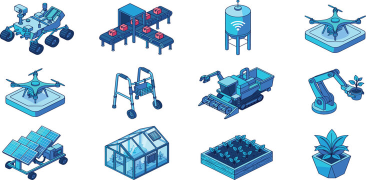 Set of isometric blue line icons featuring smart agriculture technology drone monitoring robotic harvesting solar energy and greenhouse systems for modern farming concepts