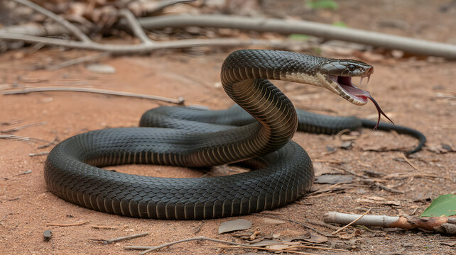 A venomous snake coiled on the ground with its mouth open in a threatening posture