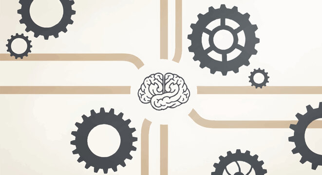 Creative brain gears connection with intricate mechanical parts, concept for innovation and technology, ideal for engineering, science, and business presentations