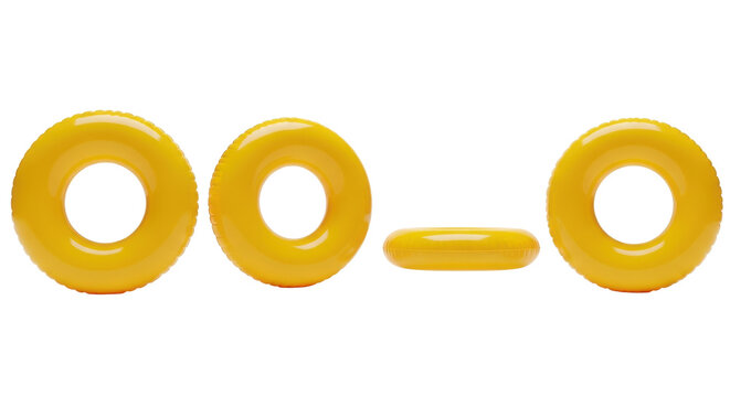 four pristine, bright glossy safety yellow vinyl swimming rings displayed in a staggered row on a transparent studio background, ultra-photorealistic commercial product visualization