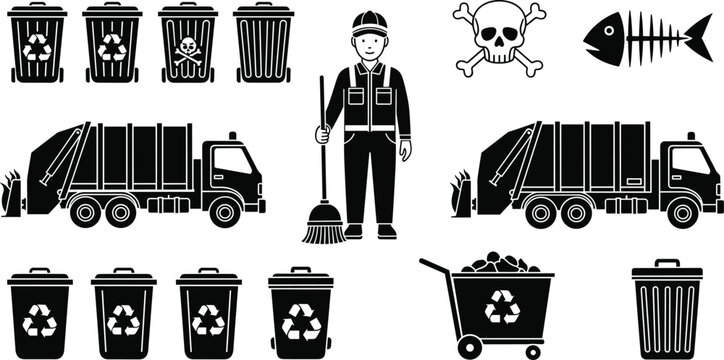 Professional Waste Management and Recycling Icon Set Featuring Garbage Trucks, Sanitation Workers, Recycling Bins, Biohazard Symbols, and Urban Cleaning Equipment for Environmental Service Designs