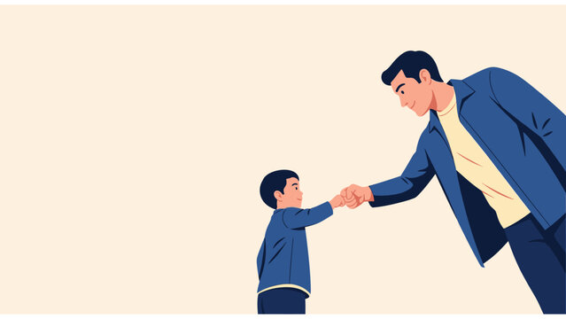 Father and son sharing a fist bump, symbolizing connection, bonding, and generational support against a neutral background.