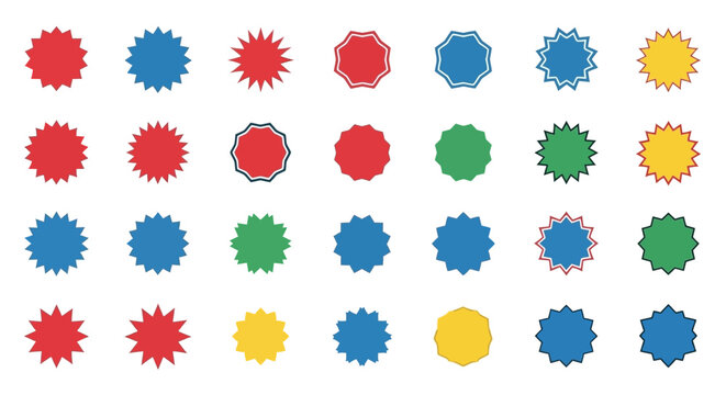 Colorful Starburst Shapes Collection - Red, Blue, Green, Yellow - Vector Icons