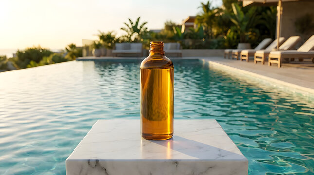 Golden elixir bottle elegantly displayed on a marble plinth beside a serene infinity pool, reflecting the warm glow of a resort sunset, symbolizing luxury and tranquil escape