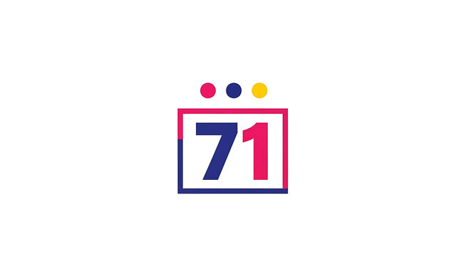 Red and blue number 71 with three colored dots above it yellow
