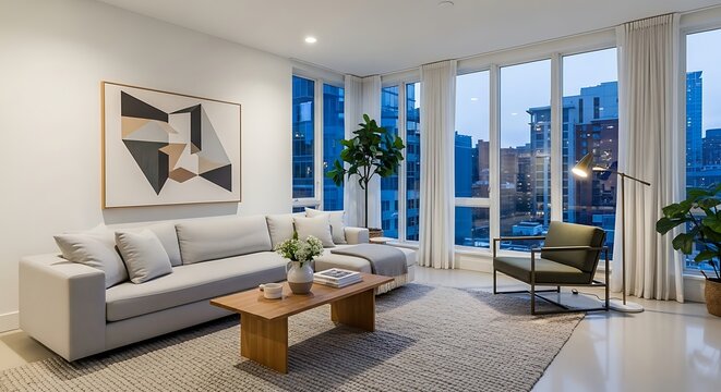 Modern living room with city view a stylish and comfortable interior design