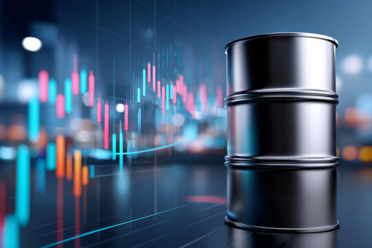 Close up of crude oil barrel with digital stock market chart displayed on transparent screen, modern energy trading concept, shallow depth of field, financial data visualization