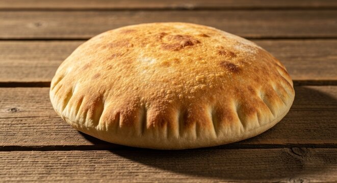 Freshly baked, round bread with a puffed-up center sits on a rustic wooden table
